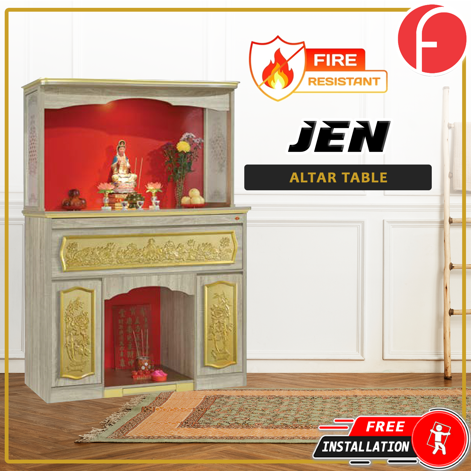 Jen Oriental Altar Table with Top Altar Cabinet Fire Resistant Altar Cabinet