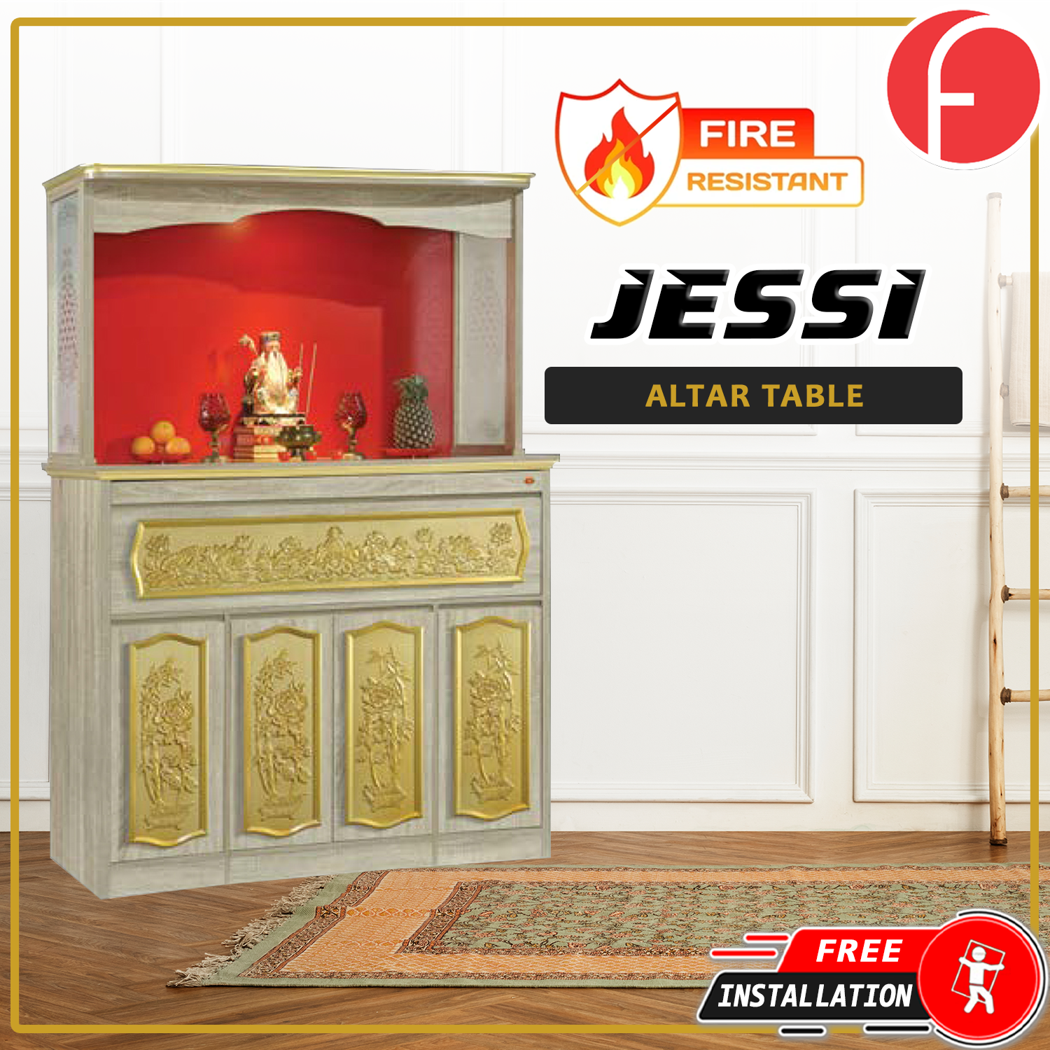 Jessi Oriental Altar Table with Top Altar Cabinet Fire Resistant Altar Cabinet