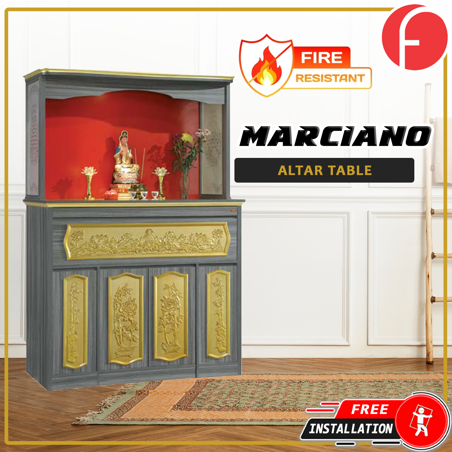 Marciano Oriental Altar Table with Top Altar Cabinet Fire Resistant Altar Cabinet