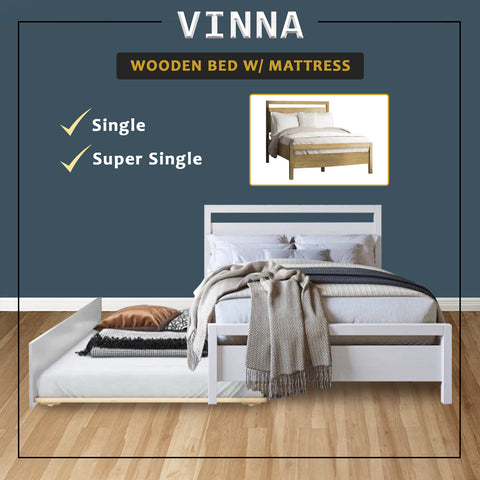 Image of Vinna Pull-Out Bed Single/Super Single Solid Rubberwood Bed Frame w/ Mattress Option