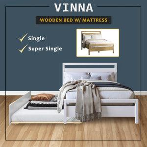 Vinna Pull-Out Bed Single/Super Single Solid Rubberwood Bed Frame w/ Mattress Option