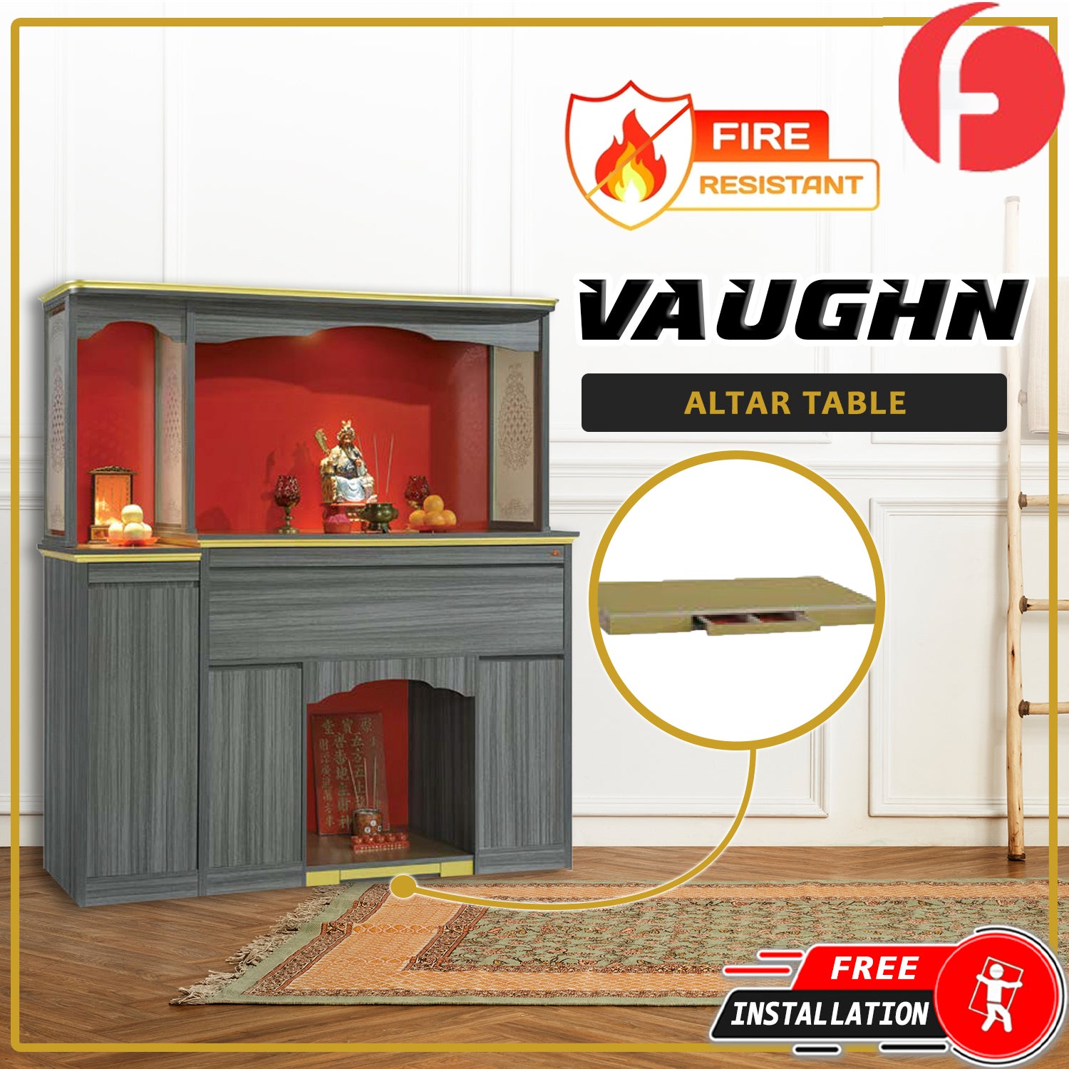 Vaughn Oriental Altar Table with Top Altar Cabinet Fire Resistant Laminated Board