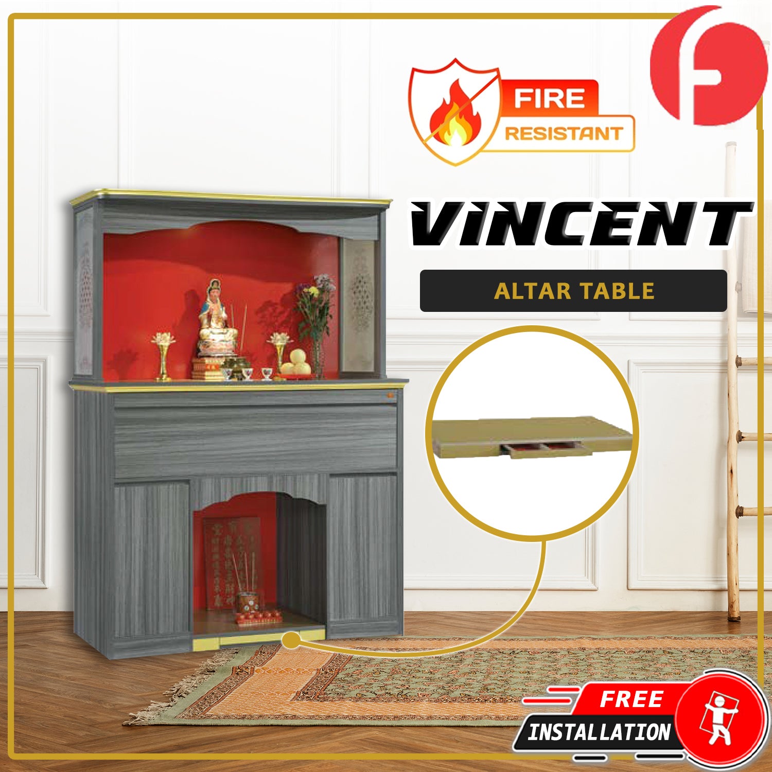 Vincent Oriental Altar Table with Top Altar Cabinet Fire Resistant Altar Cabinet