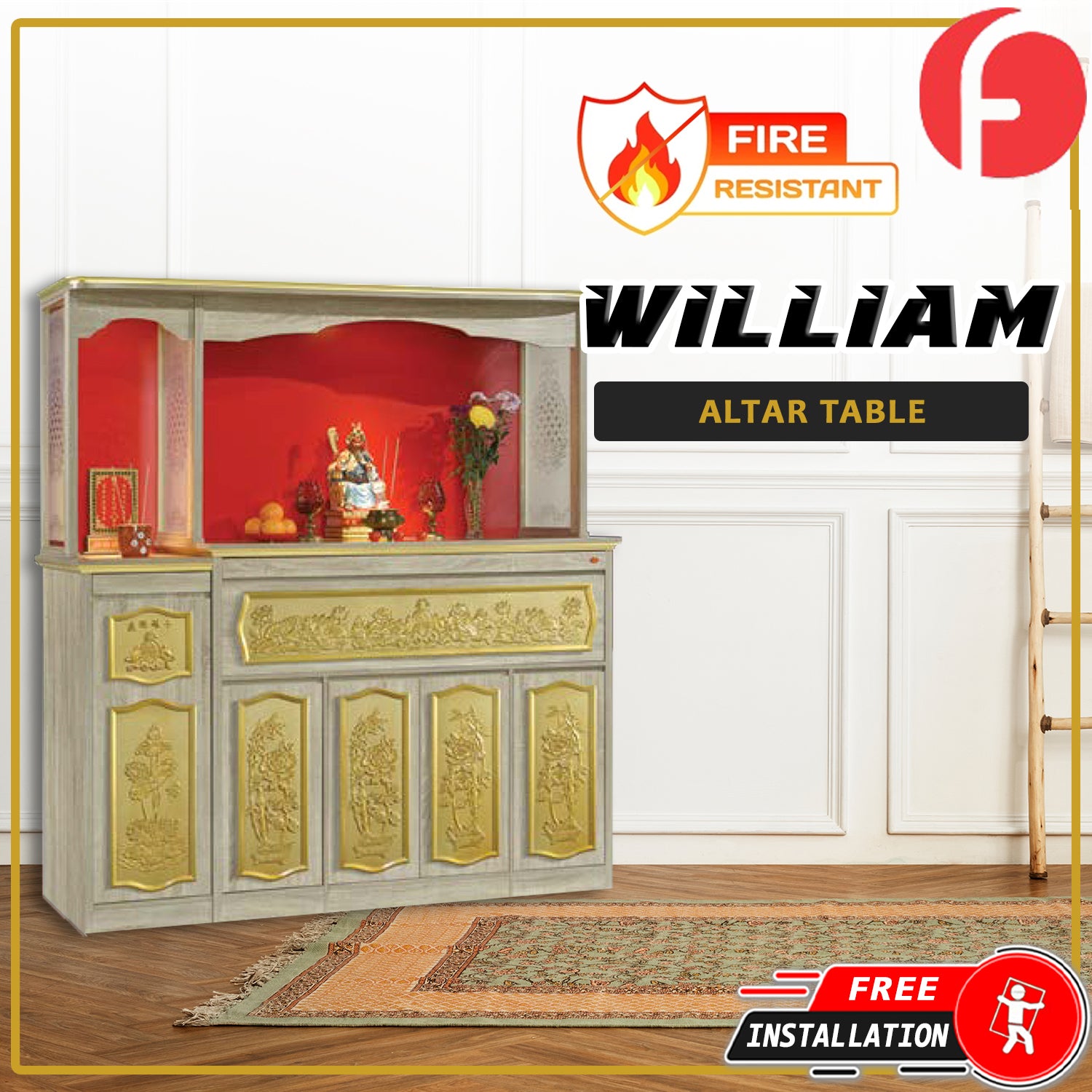 William Oriental Altar Table with Top Altar Cabinet Fire Resistant Altar Cabinet