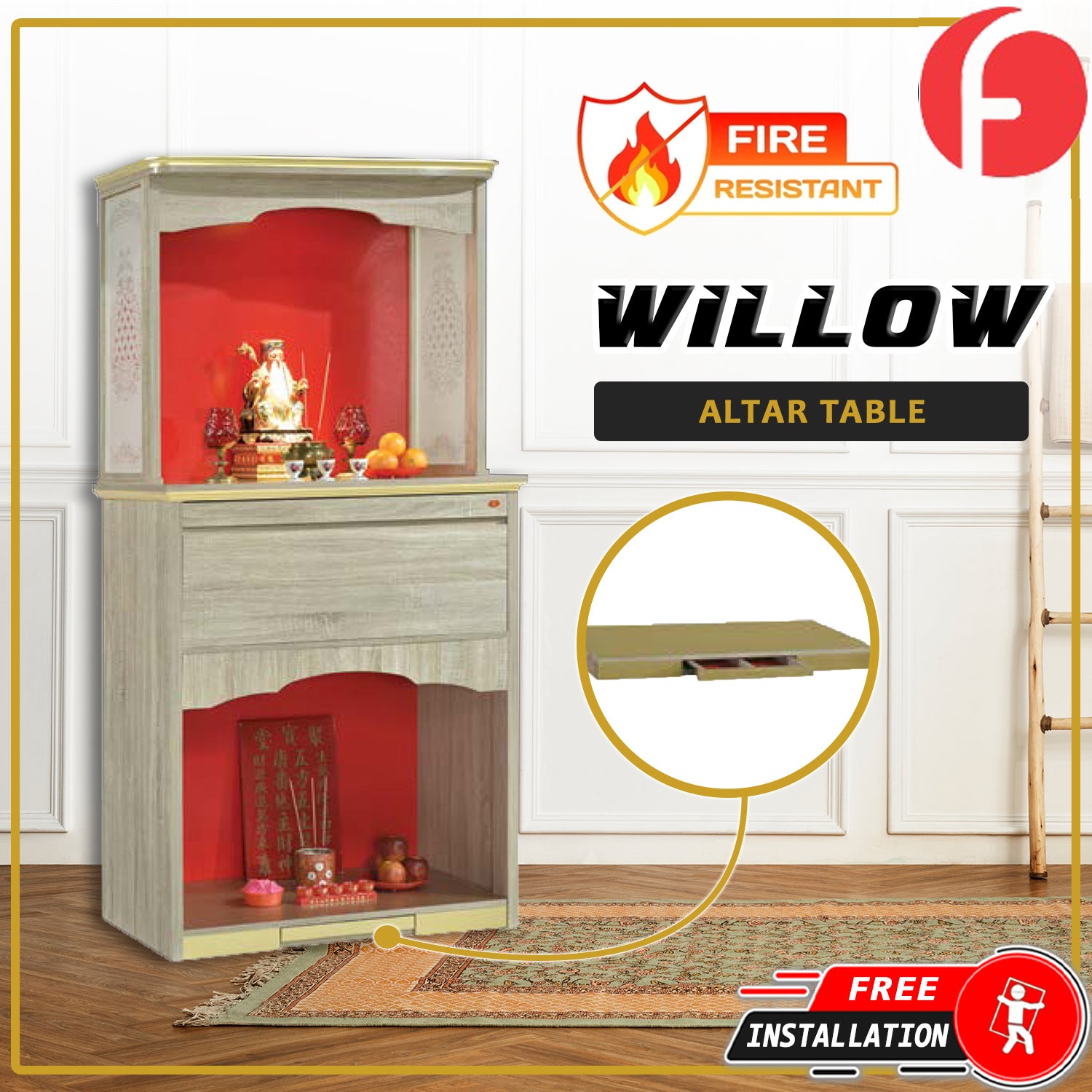 Willow Oriental Altar Table with Top Altar Cabinet Fire Resistant Altar Cabinet