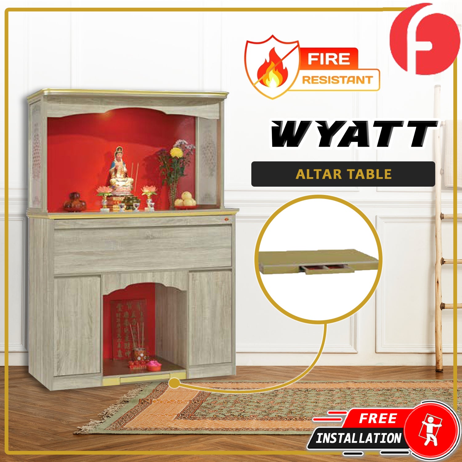 Wyatt Oriental Altar Table with Top Altar Cabinet Fire Resistant Altar Cabinet