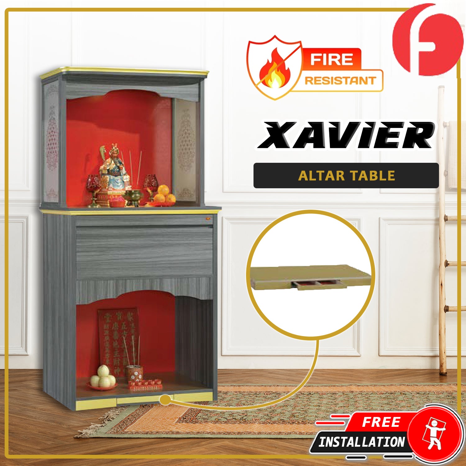 Xavier Oriental Altar Table with Top Altar Cabinet Fire Resistant Altar Cabinet