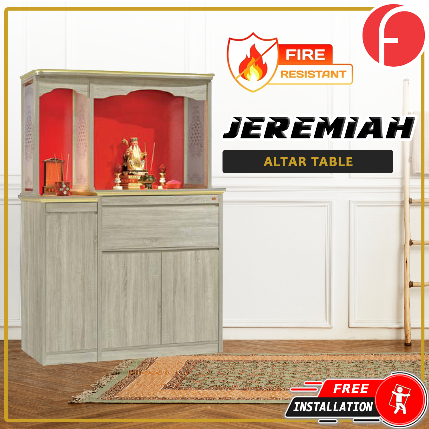 Jeremiah Oriental Altar Table with Top Altar Cabinet Fire Resistant Altar Cabinet