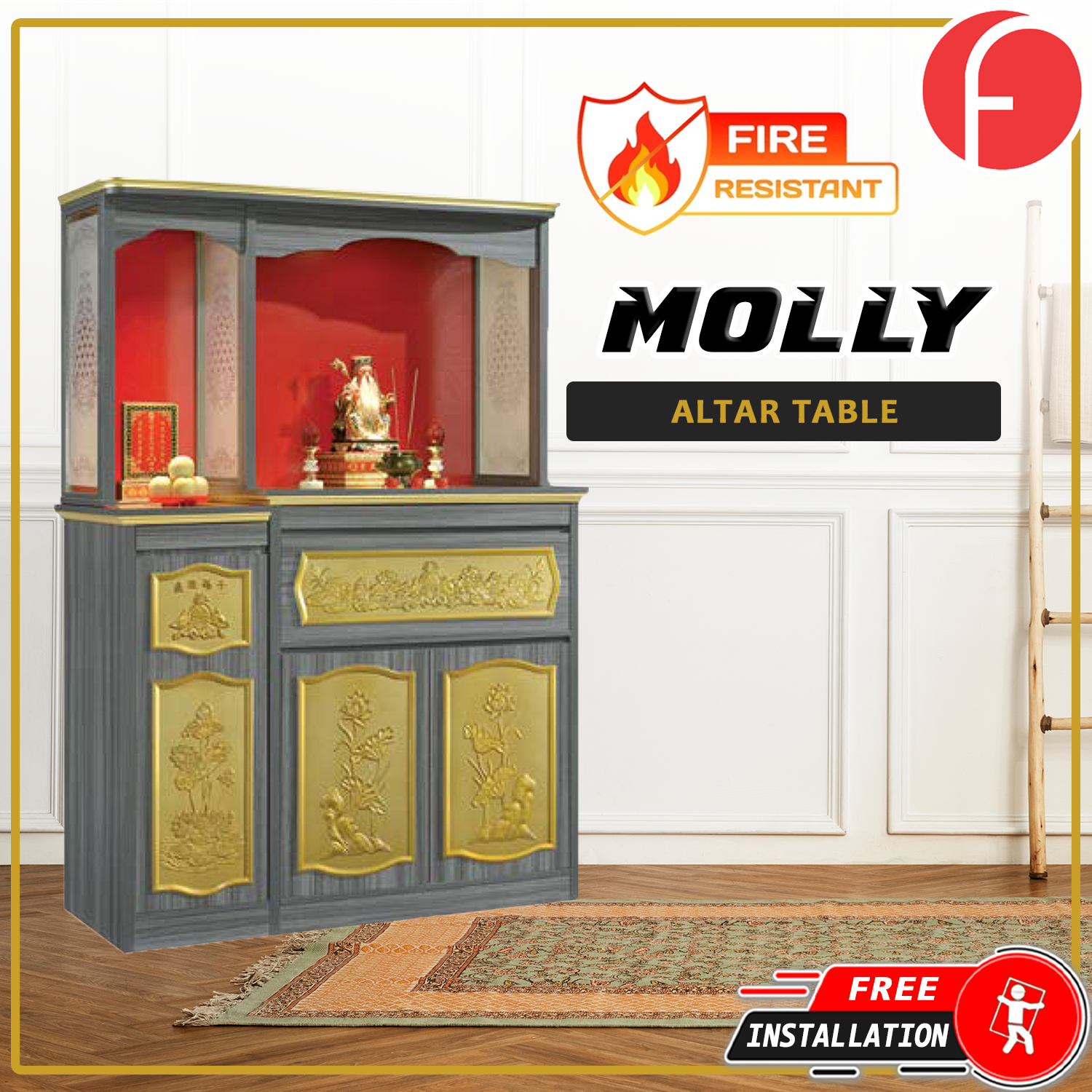 Molly Oriental Altar Table with Top Altar Cabinet Fire Resistant Altar Cabinet