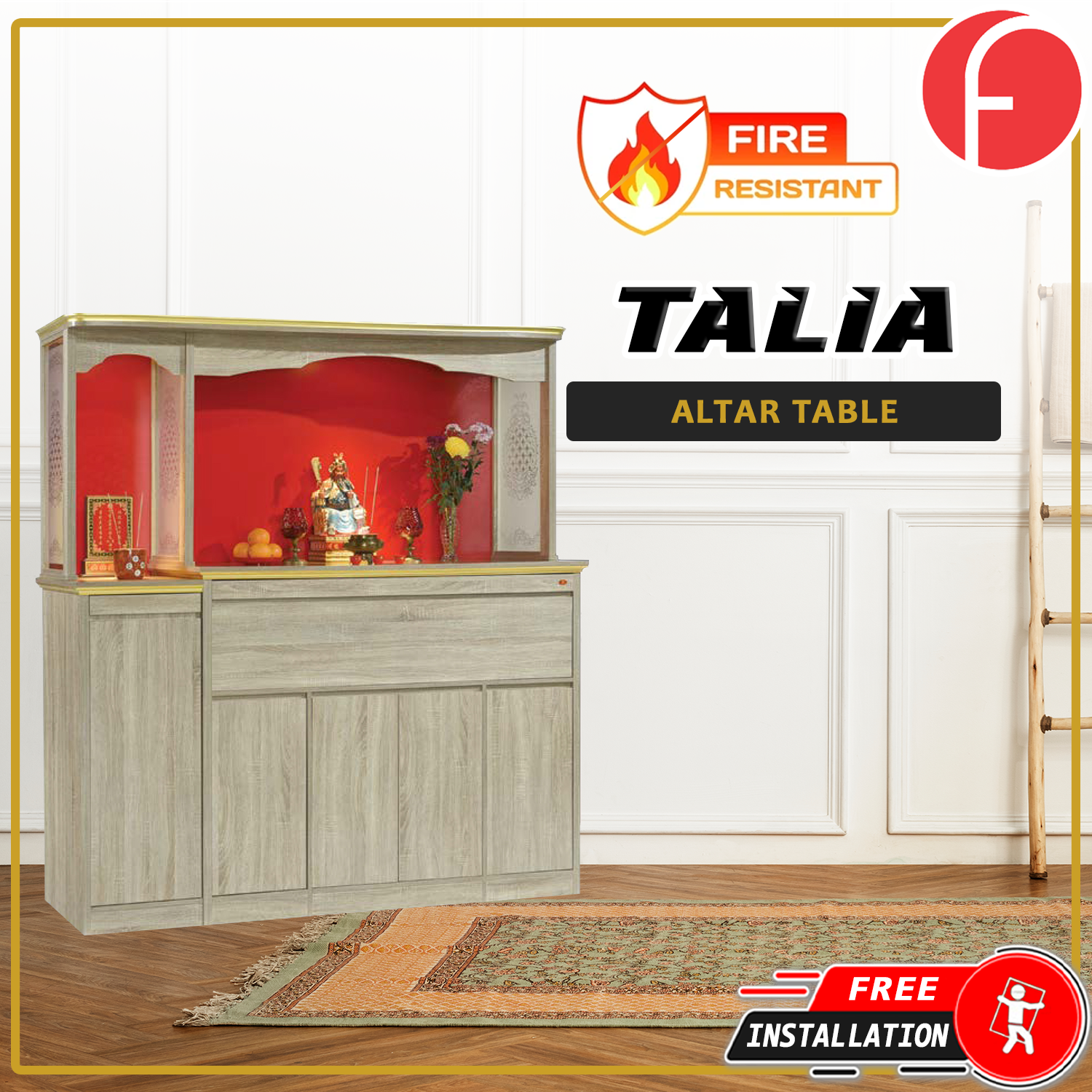 Talia Oriental Altar Table with Top Altar Cabinet Fire Resistant Altar Cabinet