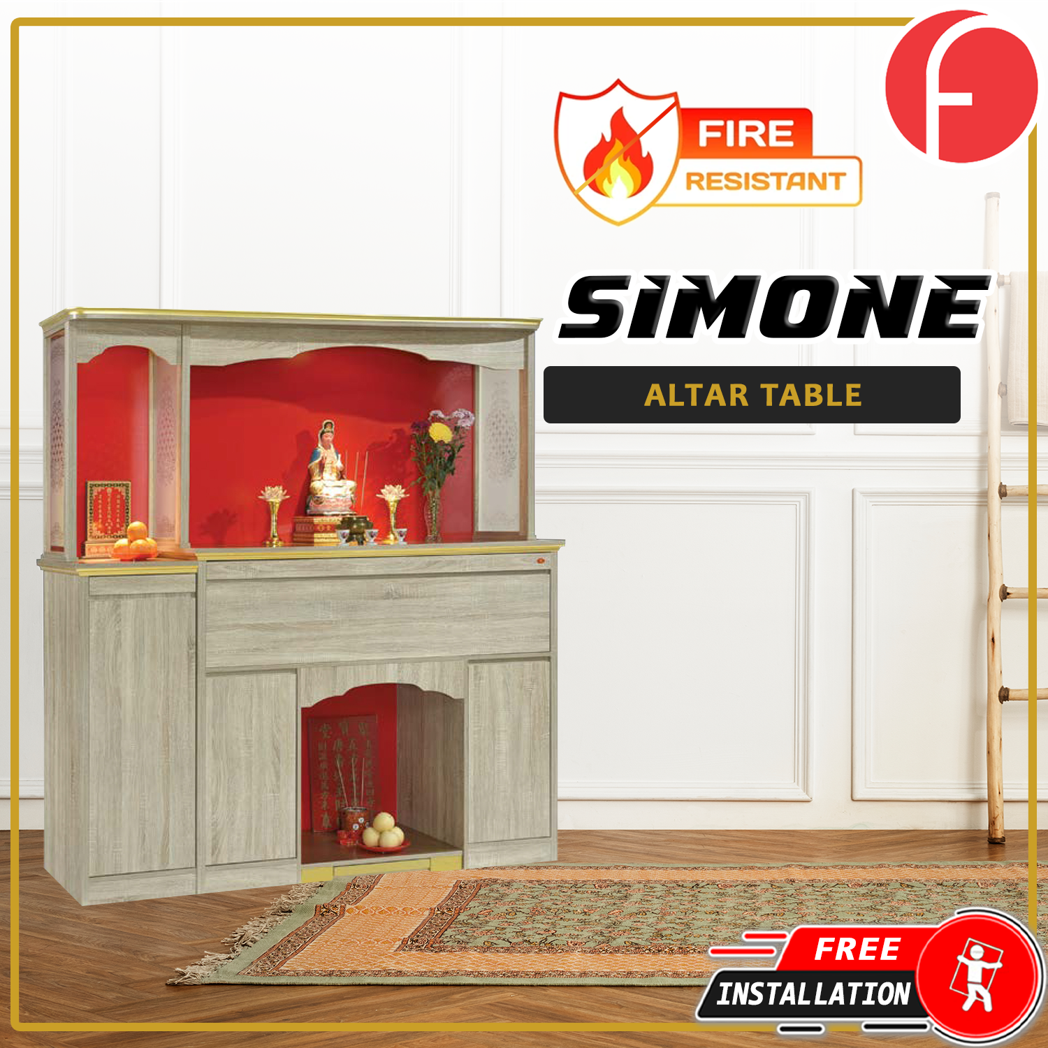 Simone Oriental Altar Table with Top Altar Cabinet Fire Resistant Altar Cabinet