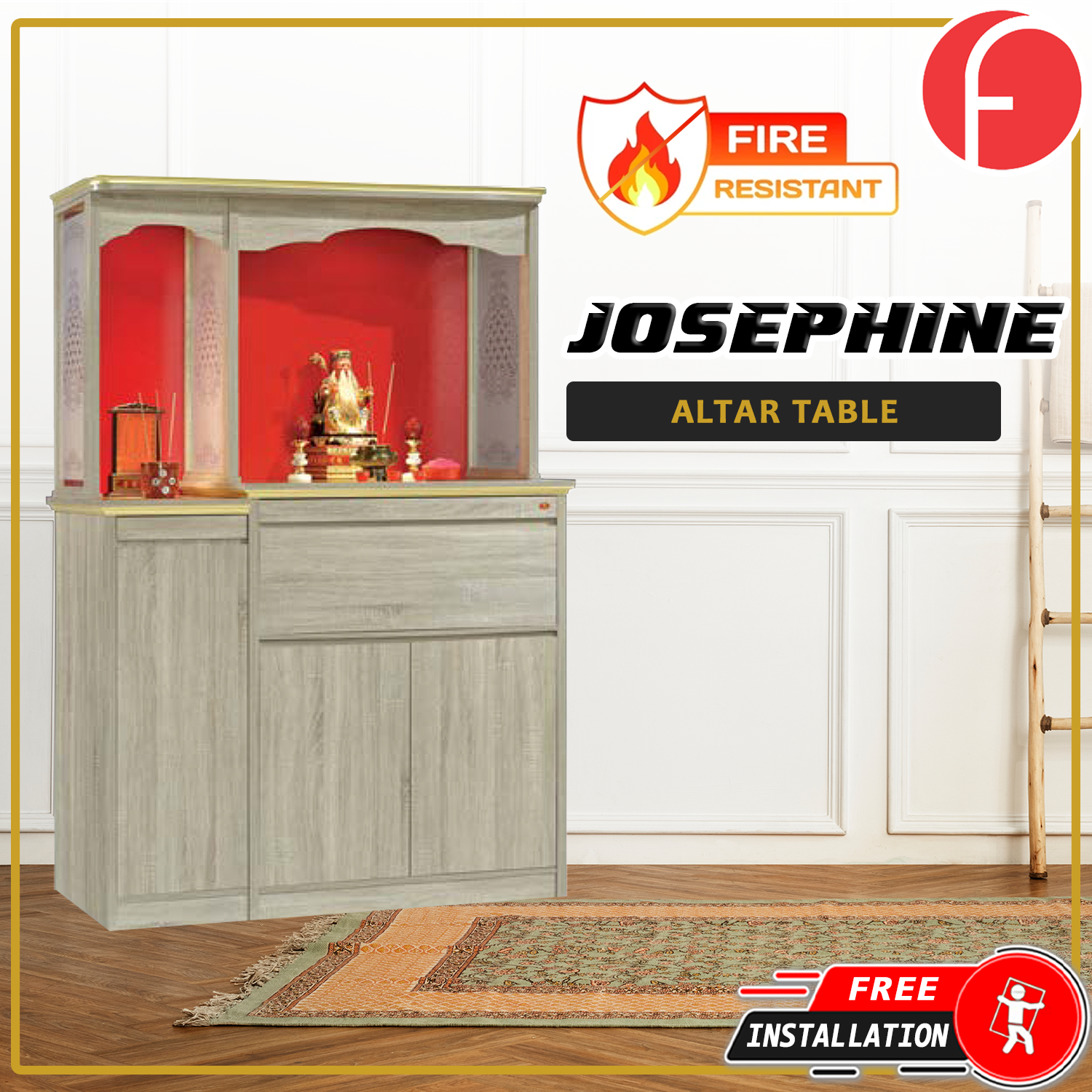 Josephine Oriental Altar Table with Top Altar Cabinet Fire Resistant Altar Cabinet