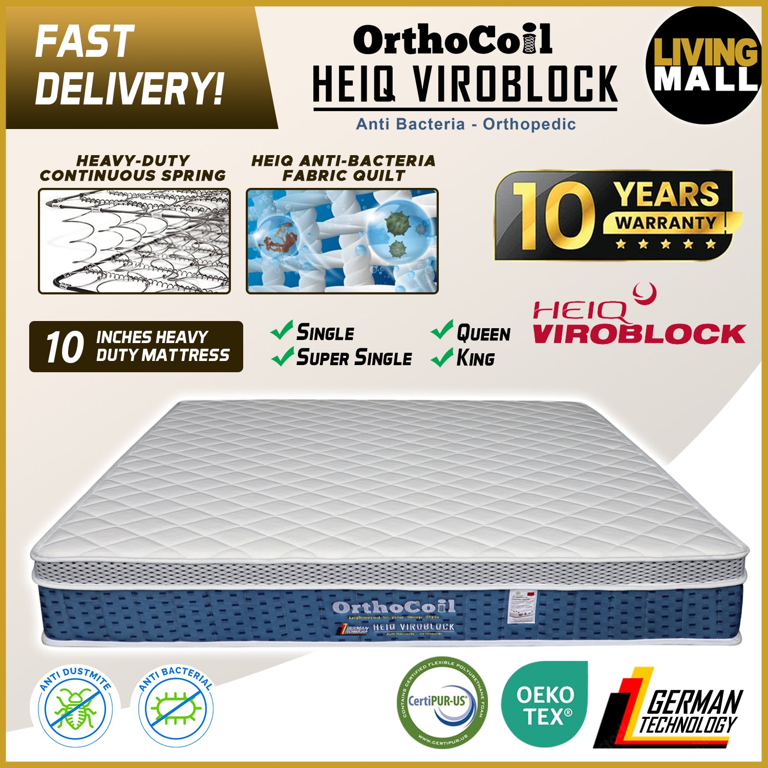 Orthocoil HEIQ Viroblock Anti Bacterial Mattress Pocket Spring - All Sizes Available