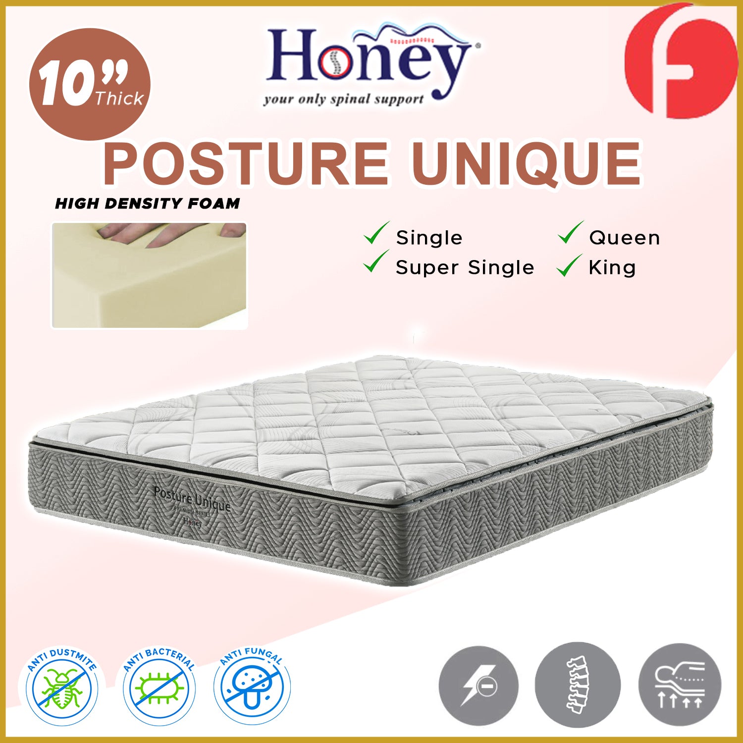 Honey Posture Unique 10“ Thickness High-Density Foam Mattress - All Sizes Available