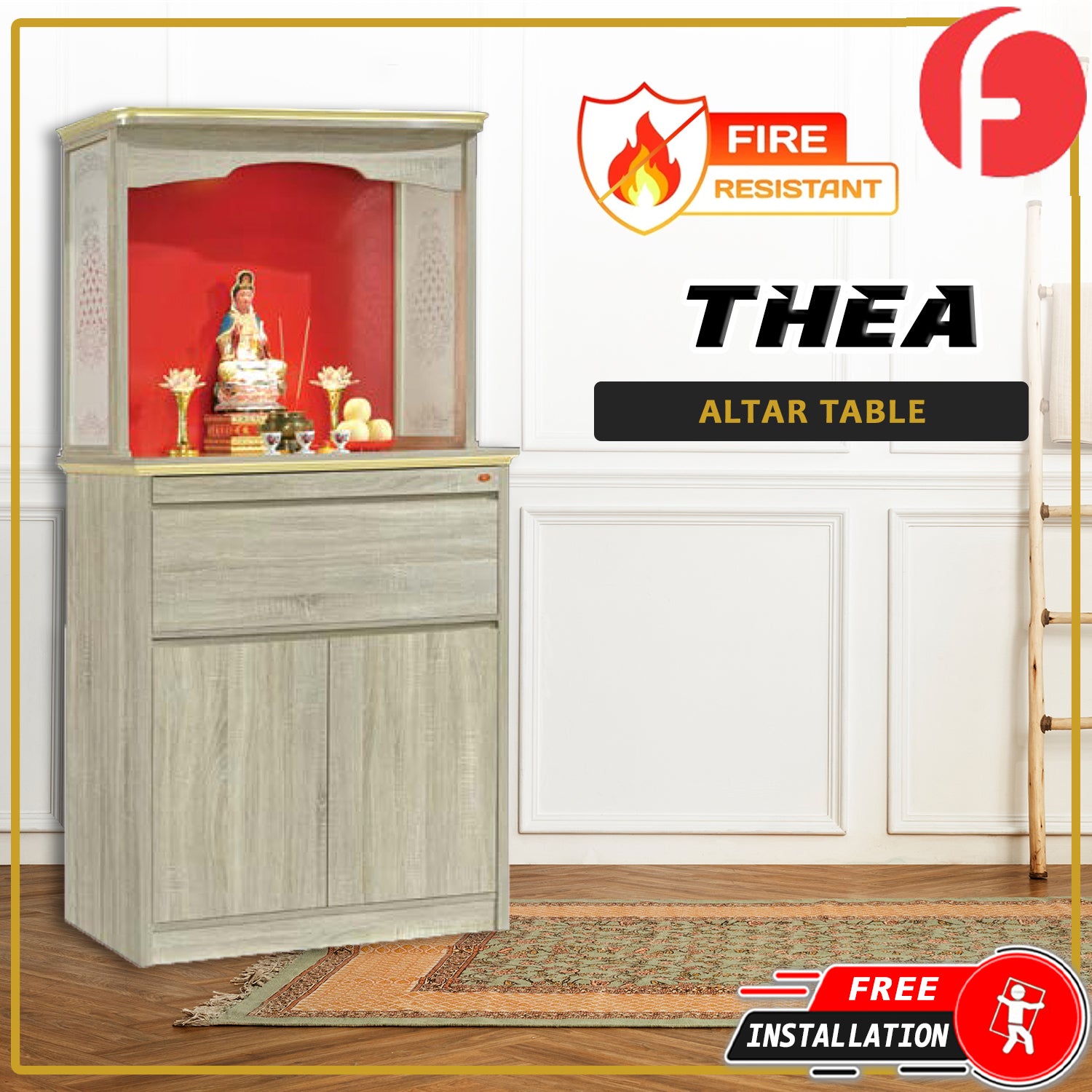 Thea Oriental Altar Table with Top Altar Cabinet Fire Resistant Altar Cabinet