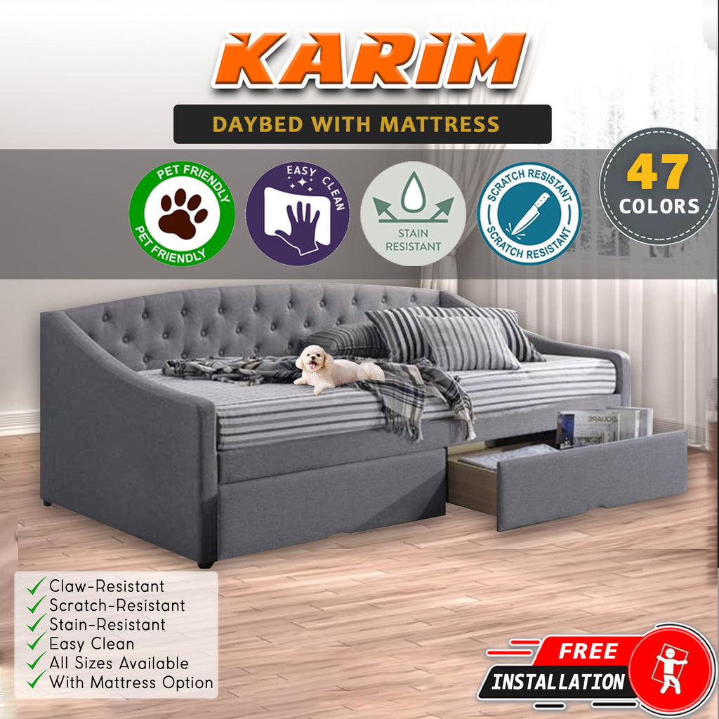 Karim Daybed with Drawers with Mattress - Pet-Friendly Option - 47 Colours