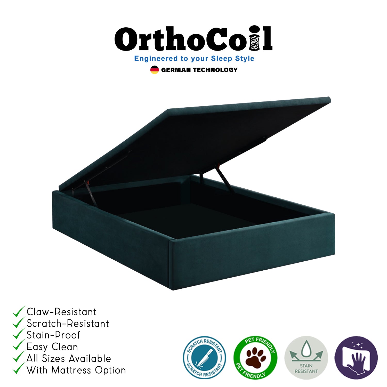 OrthoCoil 12"/14"/16" Depth Storage Bed Base Pet Friendly Scratch-Resistant Fabric - With Mattress Add-On