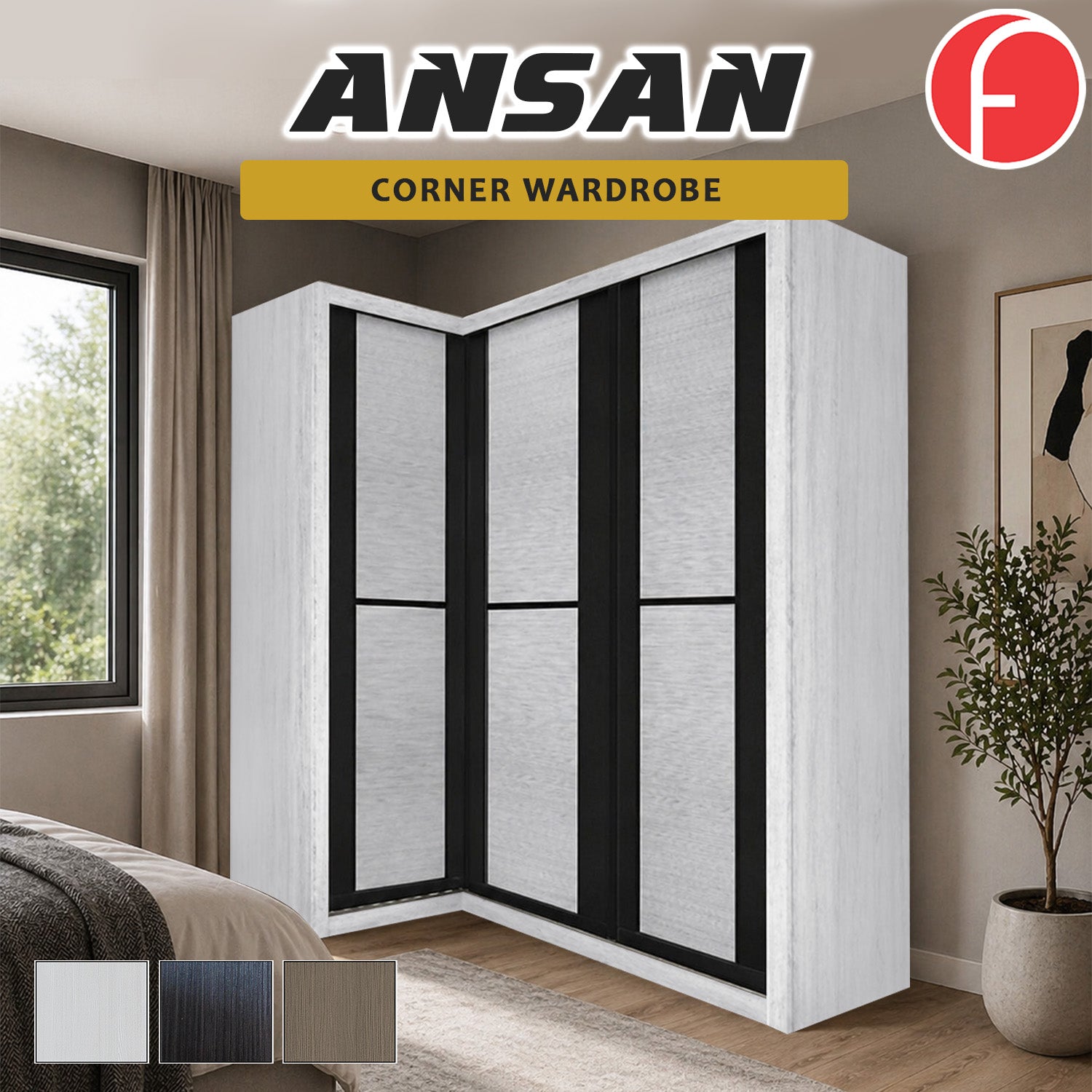 Ansan Sliding Door Corner Wardrobe with Top Compartment with Drawer w/ Lock in 3 Colour