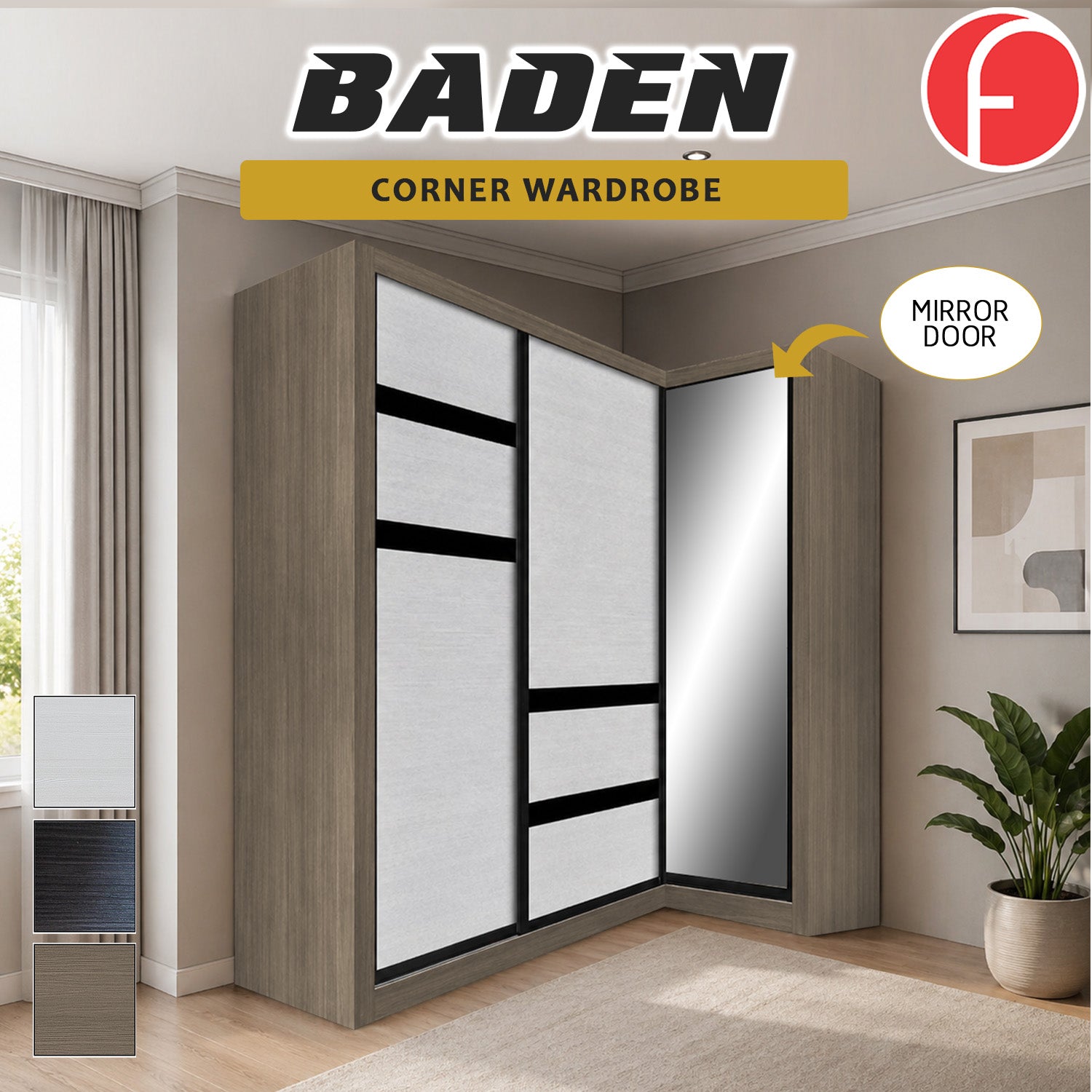 Baden Sliding Door L Shaped Corner Wardrobe with Mirror Door & Internal Drawer w/ Lock in 3 Color