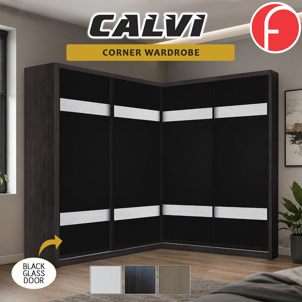 Calvi Sliding Door Corner Wardrobe with Black Glass Door & Internal Drawer w/ Lock