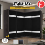 Calvi Sliding Door Corner Wardrobe with Black Glass Door & Internal Drawer w/ Lock