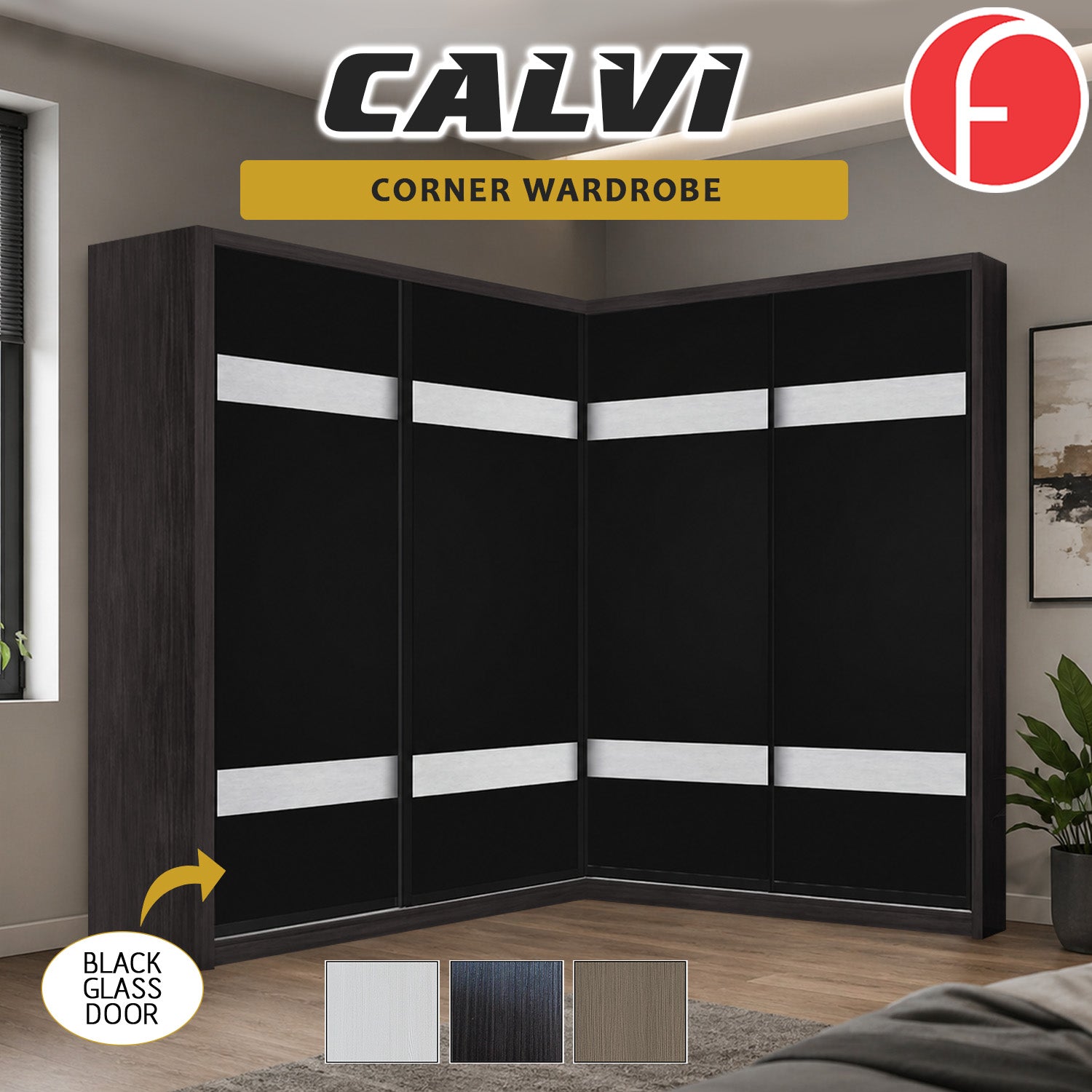 Calvi Sliding Door Corner Wardrobe with Black Glass Door & Internal Drawer w/ Lock