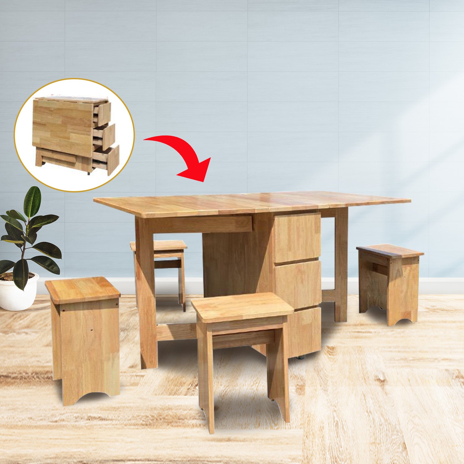 Kervin 1+4 Solid Wood Foldable Dining Set with Table and Stool - Foldable Space Saving
