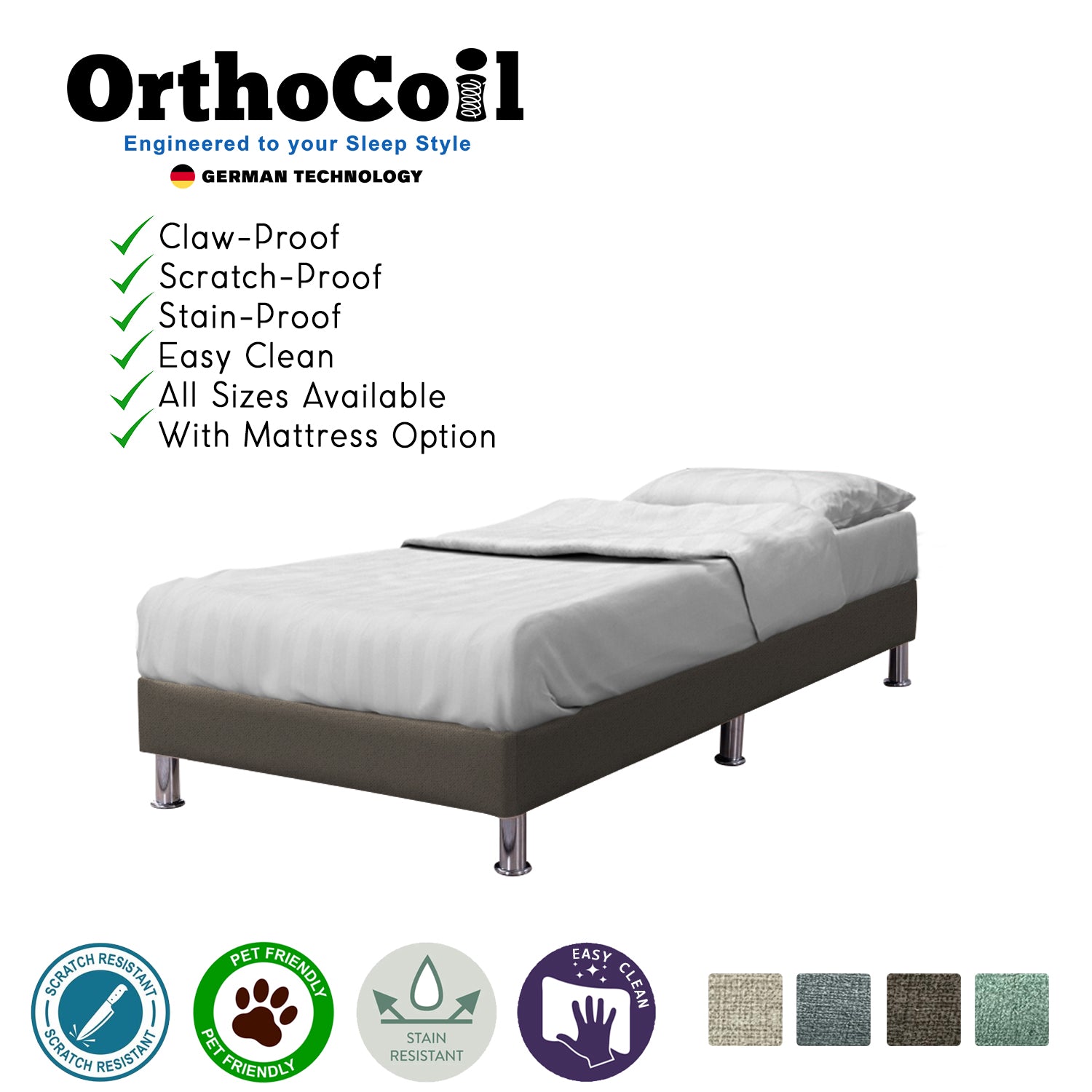 OrthoCoil Divan Bed Frame Pet Friendly Scratch-Resistant Fabric With Mattress Add-On Options