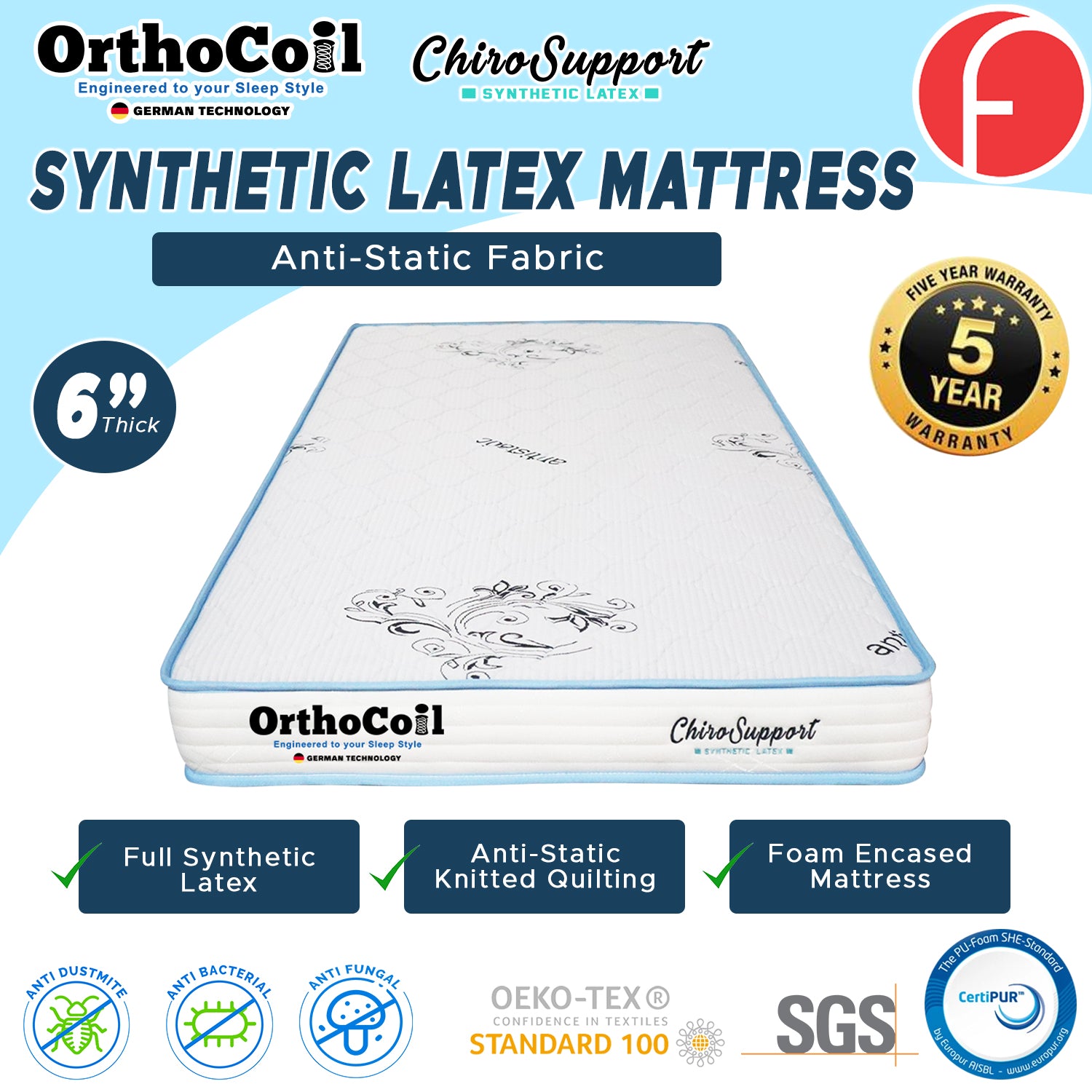 ORTHOCOIL CHIRO SUPPORT 6" Mattress - Full Synthetic Latex w/ Anti-Static Fabric