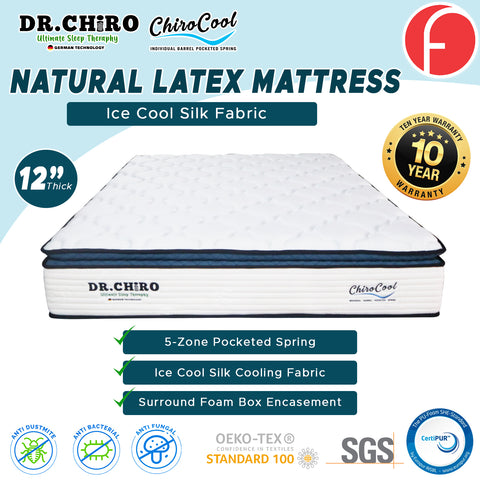 Image of DR Chiro CHIRO COOL 12" 5-Zone Pocketed Spring Mattress - Synthetic Latex and Ice Silk Cooling Fabric