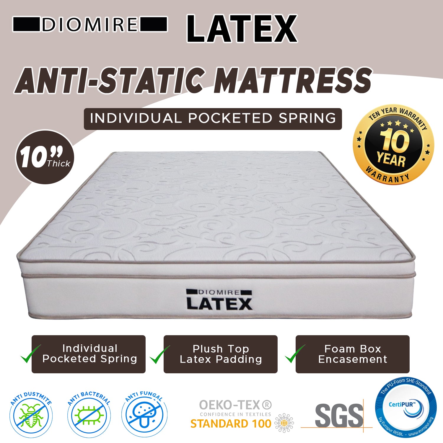 Diomire 10" LATEX Anti-Static Mattress Individual Pocketed Spring - All Sizes