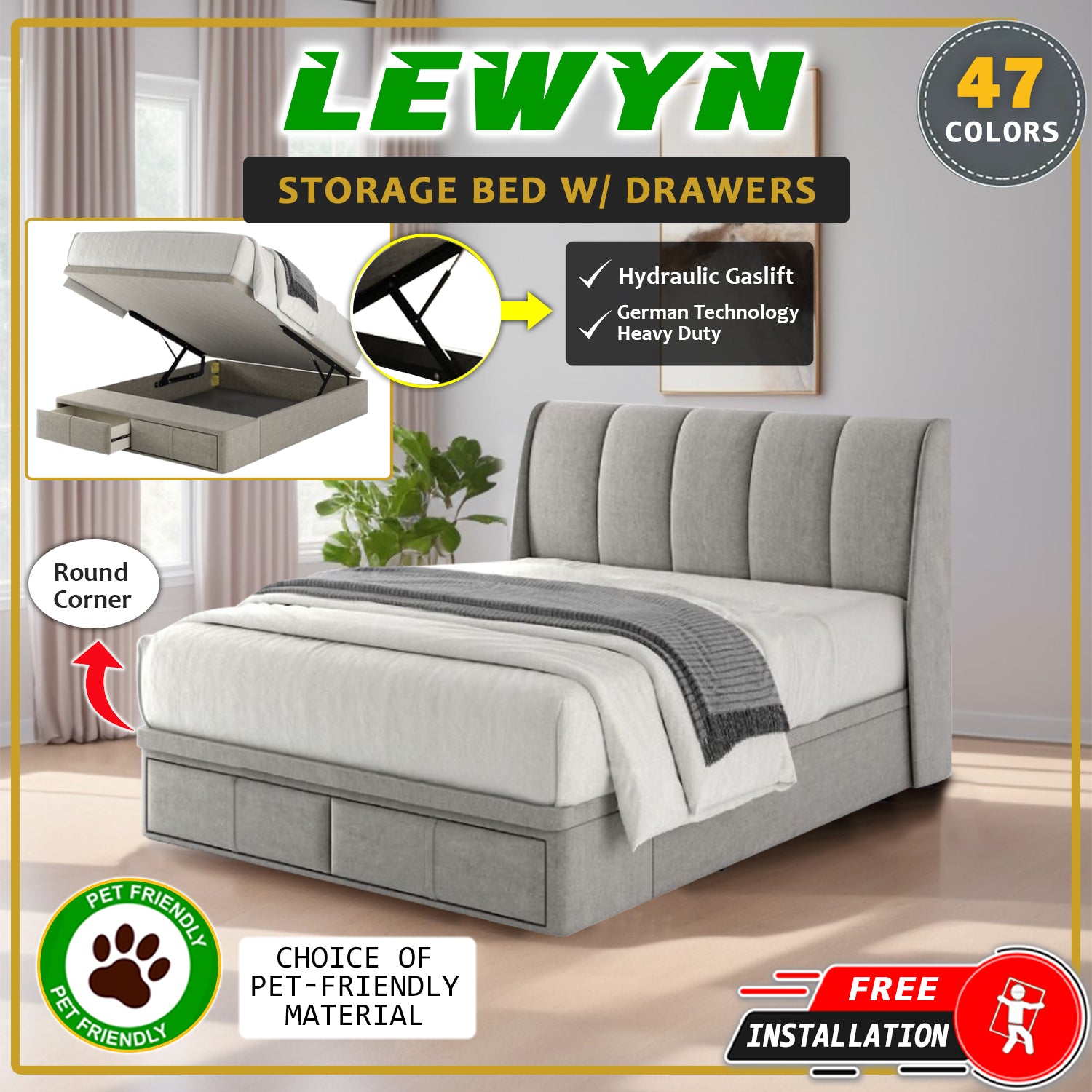 Lewyn Storage Bed Frame with Drawers - PetFriendly Scratch Resistant Option