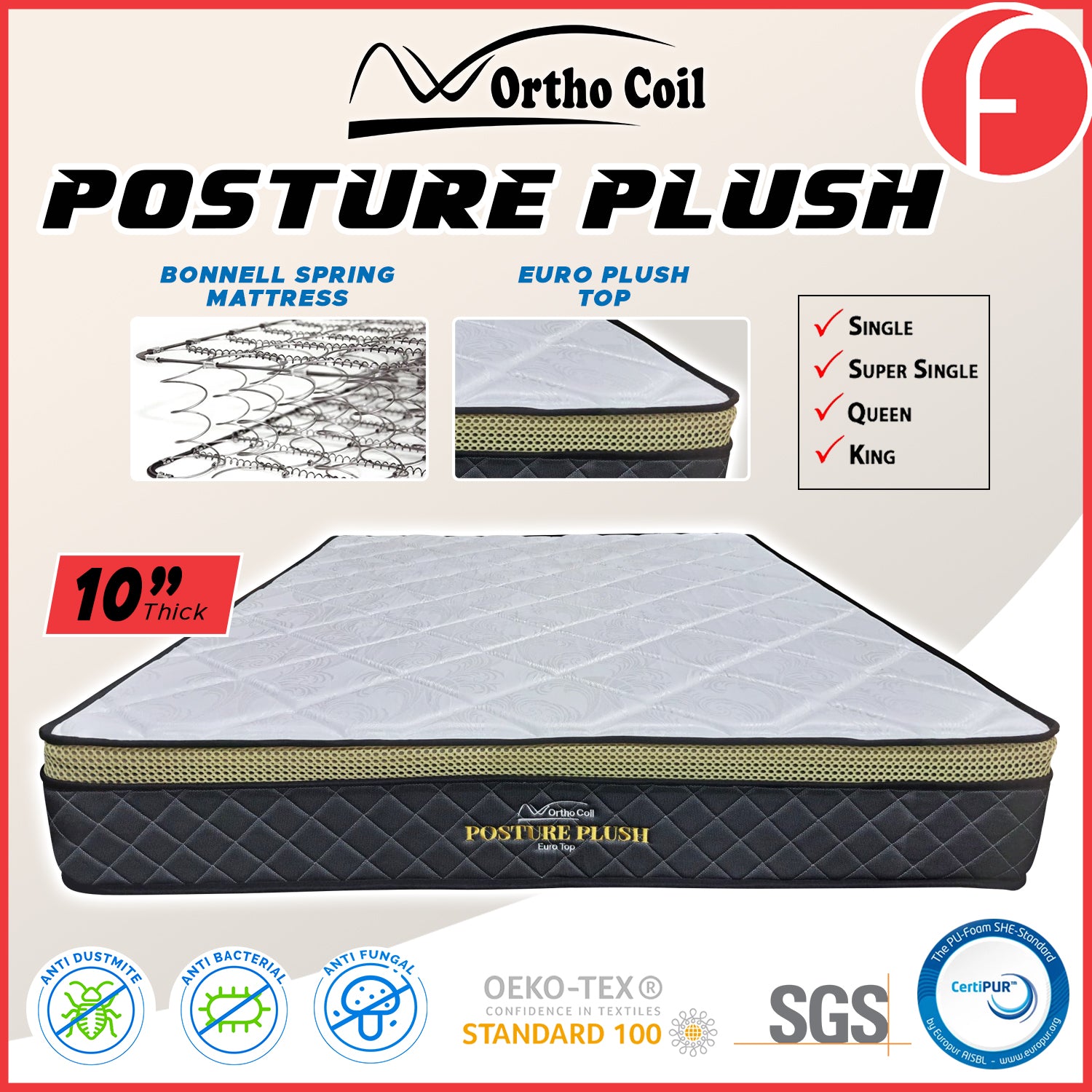 Orthocoil 10" Posture Plush Euro Top Mattress Bonnell Spring Mattress - All Size