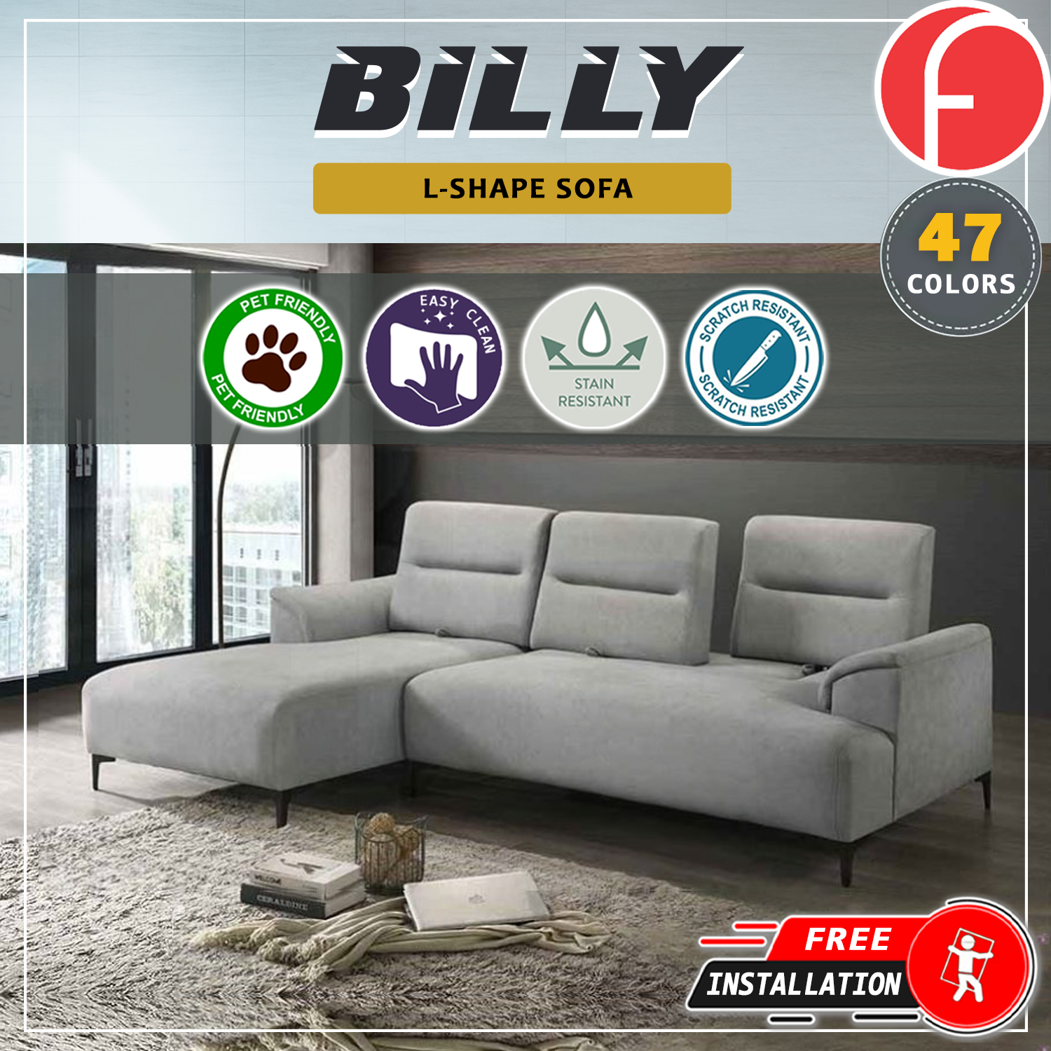 Billy Push Back L-Shaped Sofa in 47 Colour - w/ PetFriendly Fabric/Leather