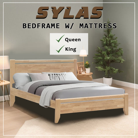 Image of Sylas Queen/King Solid Rubberwood Bed Frame in Natural Colour - With Mattress Option