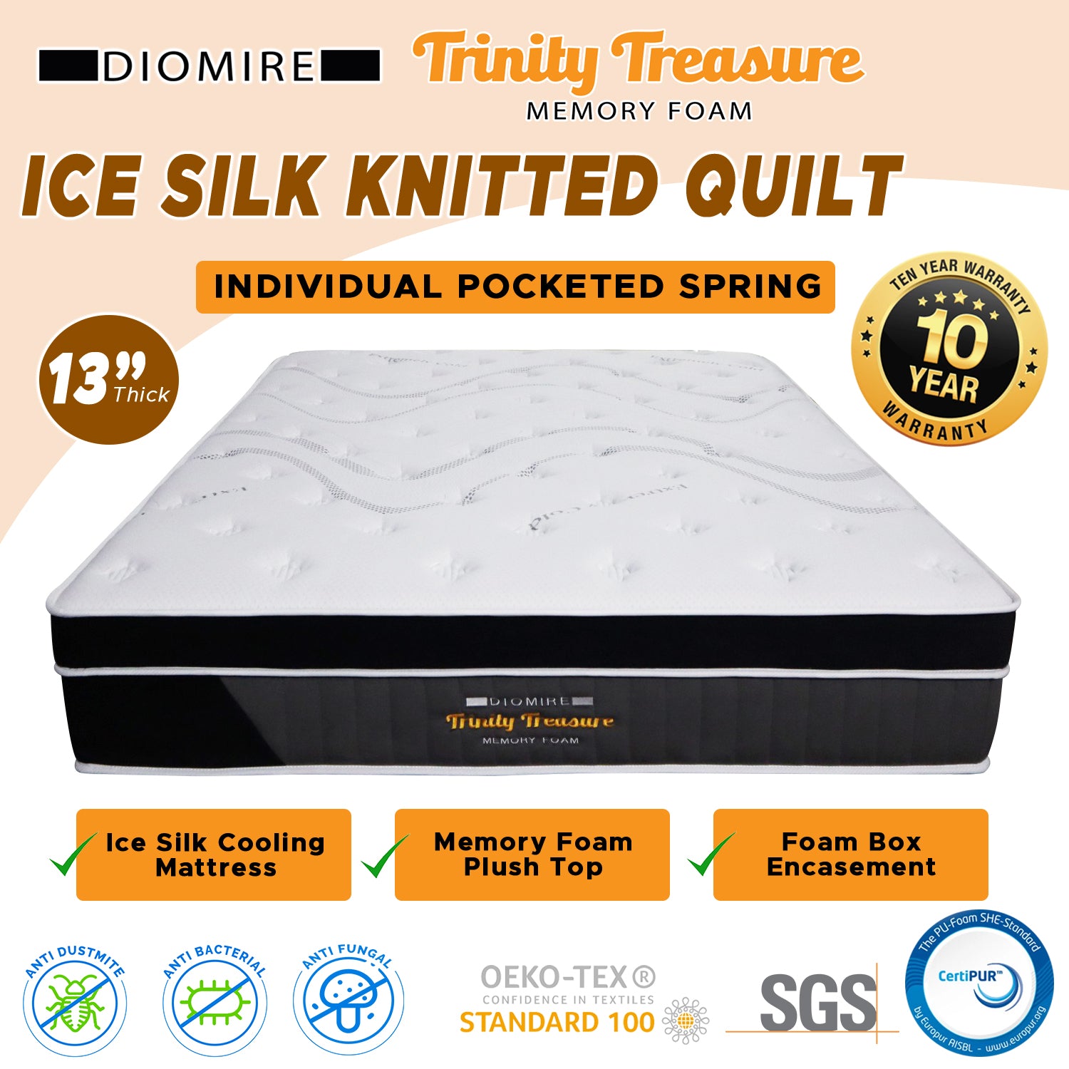 Diomire 13" Trinity Treasure Ice Silk Cooling Mattress Pocketed Spring - All Sizes