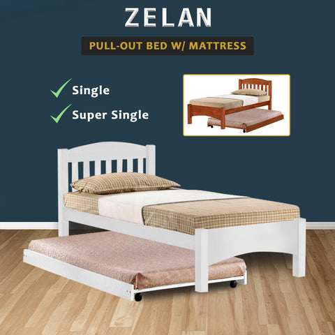 Image of Zelan Pull-Out Bed Single, Super Single Solid Rubberwood Bed Frame w/ Mattress Option