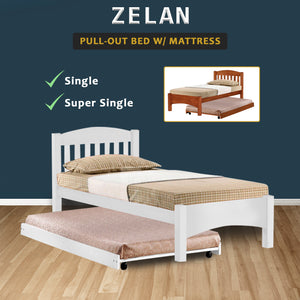 Zelan Pull-Out Bed Single, Super Single Solid Rubberwood Bed Frame w/ Mattress Option