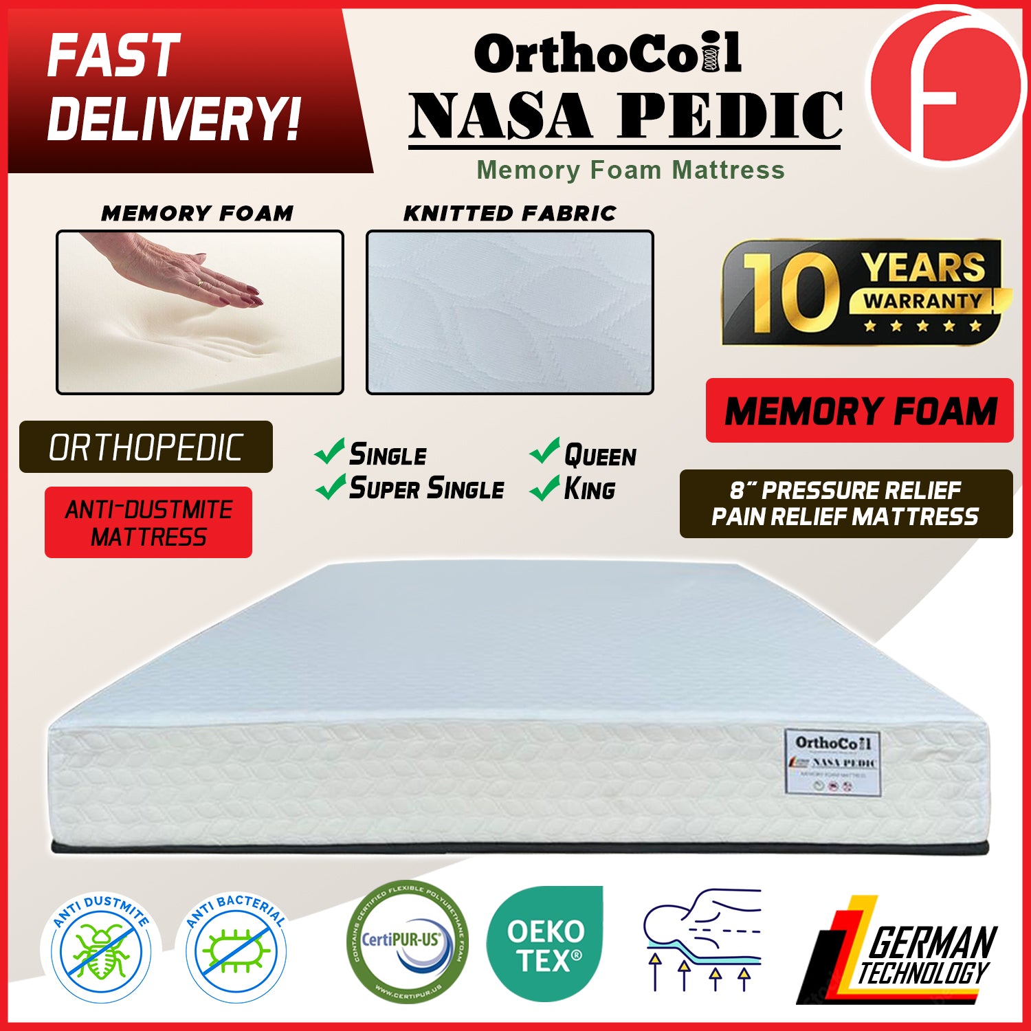 Orthocoil 8" Nasa Pedic Memory Foam Mattress Orthopedic - All Size Available