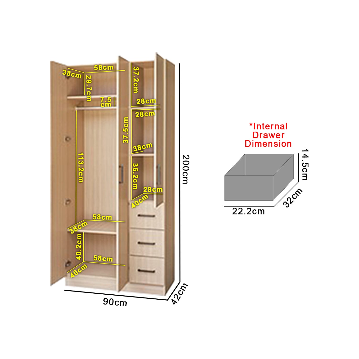 Serin Series 3 Door Soft Closing Wardrobe Fully Laminated Back Panel in 6 Colours