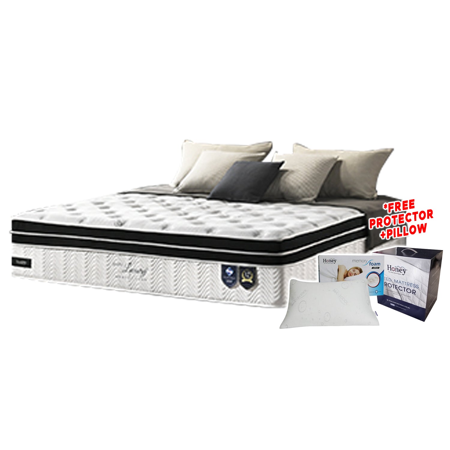 Honey Pure Luxury 15" 7-Zone Pocket Spring Sanitized Mattress w/ FREE PILLOW - All Sizes Available