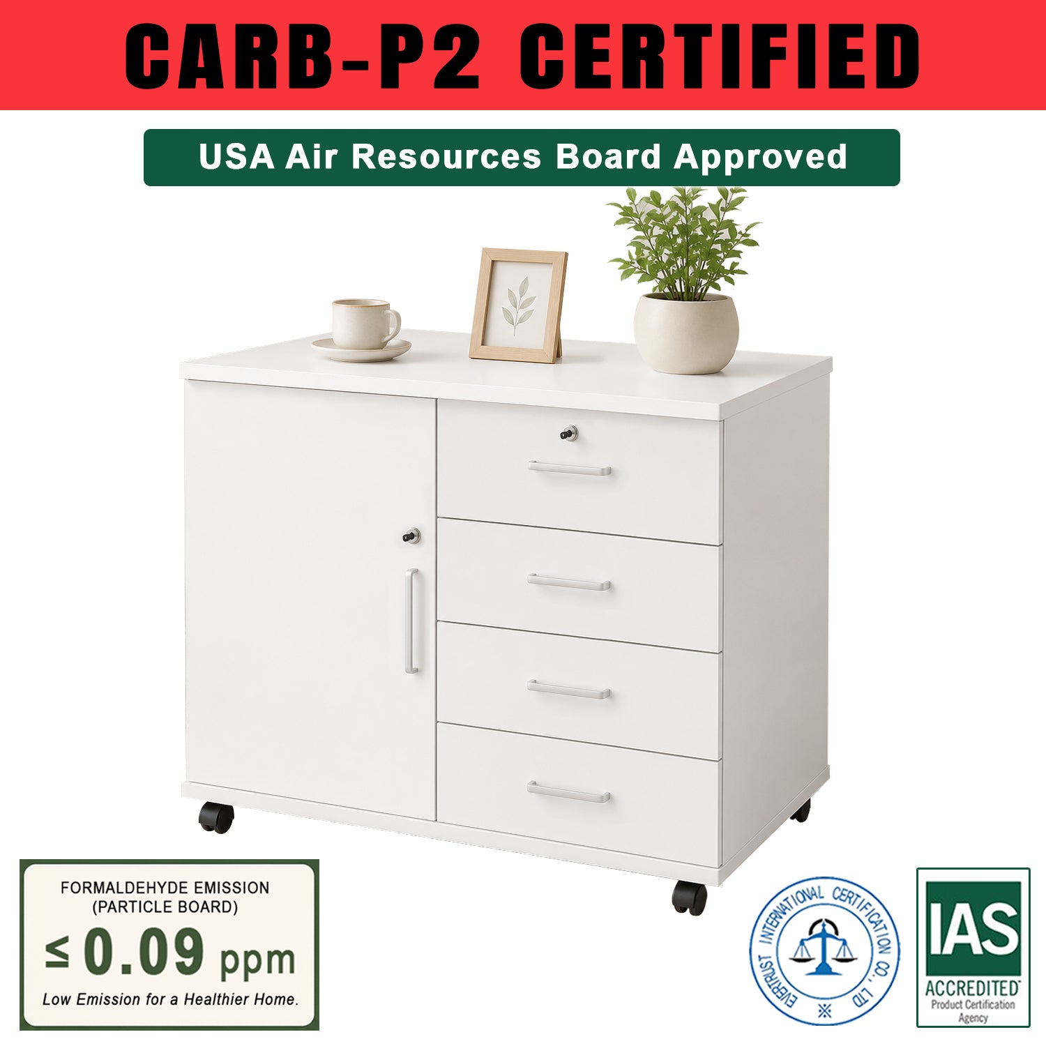 KIERA MOBILE MULTI PURPOSE CABINET w/ Drawers CARB-P2 Low Formaldehyde Board