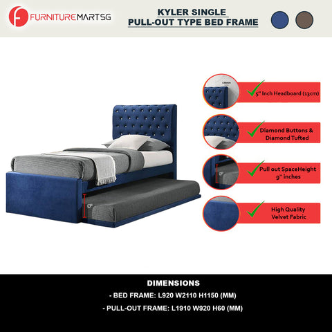 Image of Kyler Single Divan + Pull-Out Type Bed Frame Velvet Fabric Upholstery in Blue Colour w/ Mattress Add On