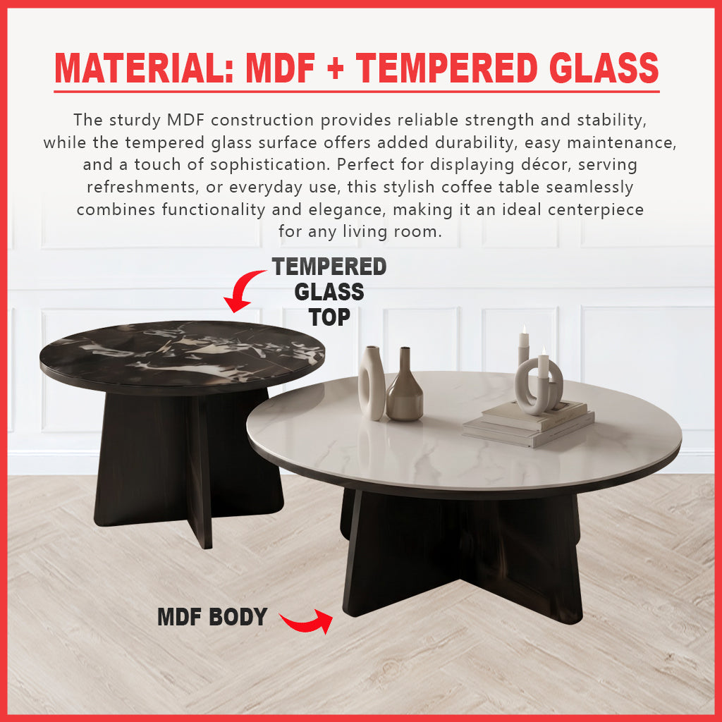 LIVIA Premium Coffee Center Table 2-Piece Set with Tempered Glass Table Top