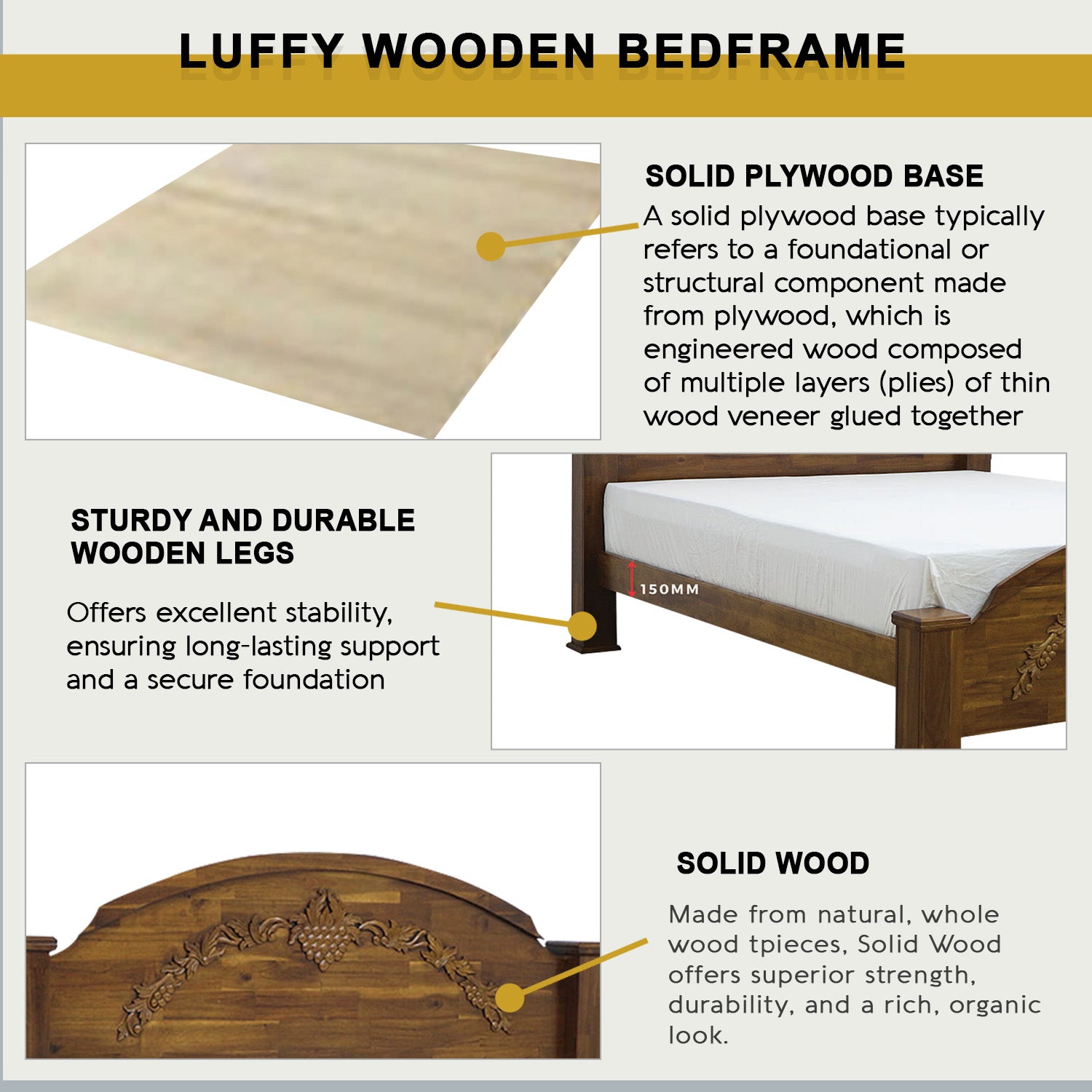 Luffy Wooden Bedframe Solid Wood With Plywood Base Queen Size - w/ Mattress Option
