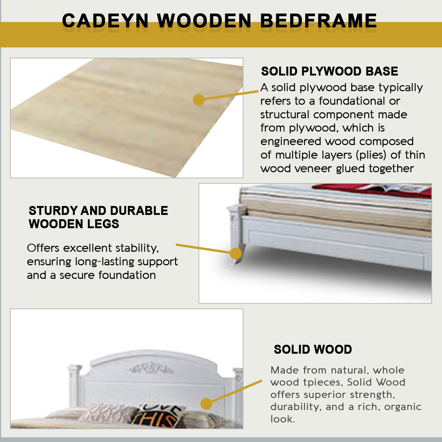 Cadeyn Wooden Bedframe Solid Wood With Plywood Base Queen Size - w/ Mattress Option