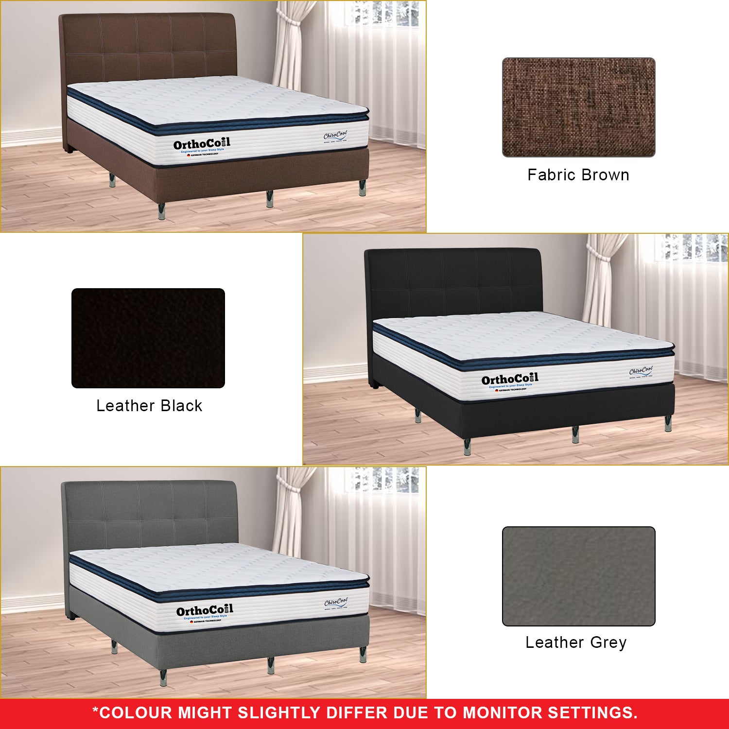OrthoCoil Yesha Divan Bed Fabric/Faux Leather in 3 Colours All Sizes Available - With Mattress Add-On