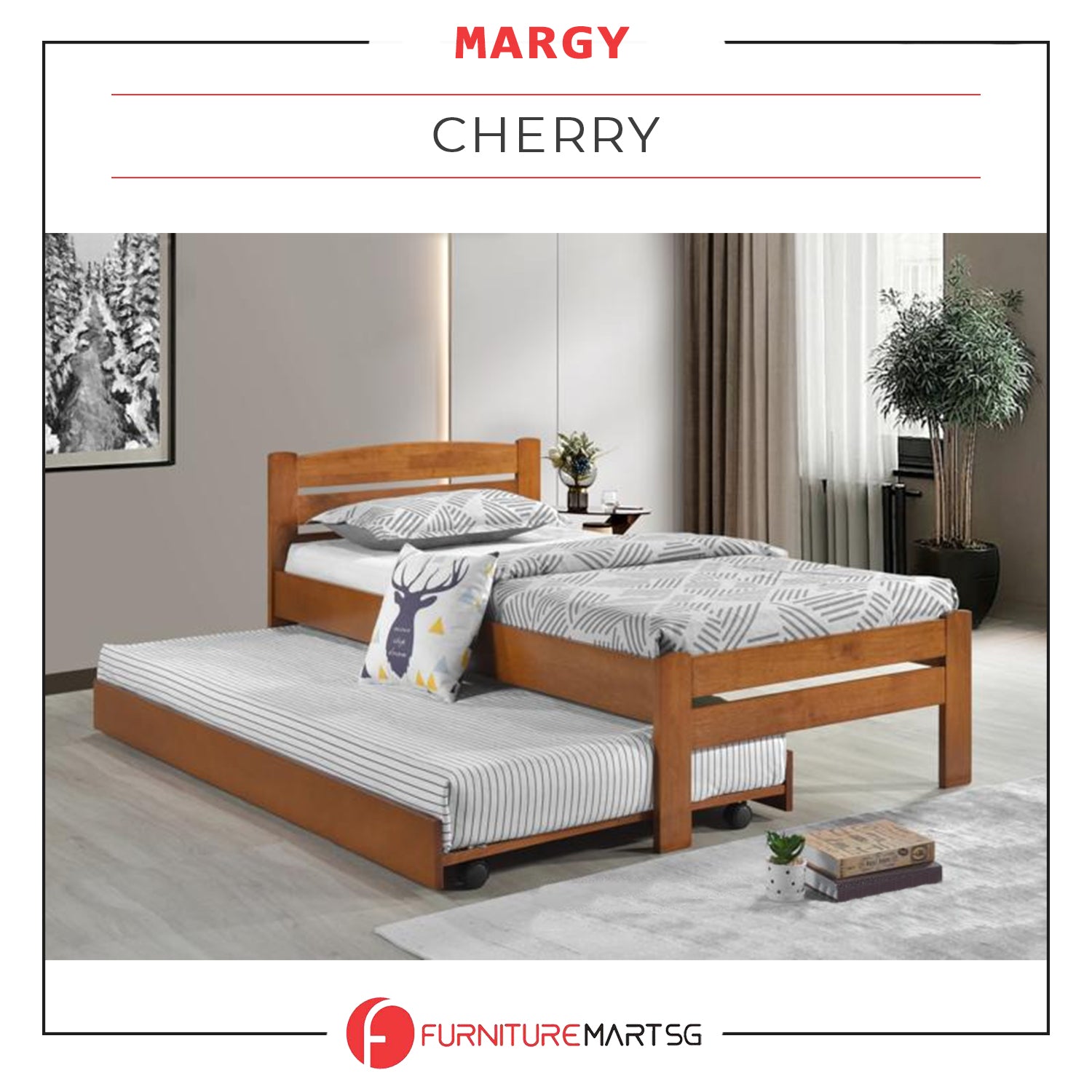 Margy Single Size Solid Rubberwood Bed Frame Flat Plywood Base with Pull-out Bed w/ Mattress Option