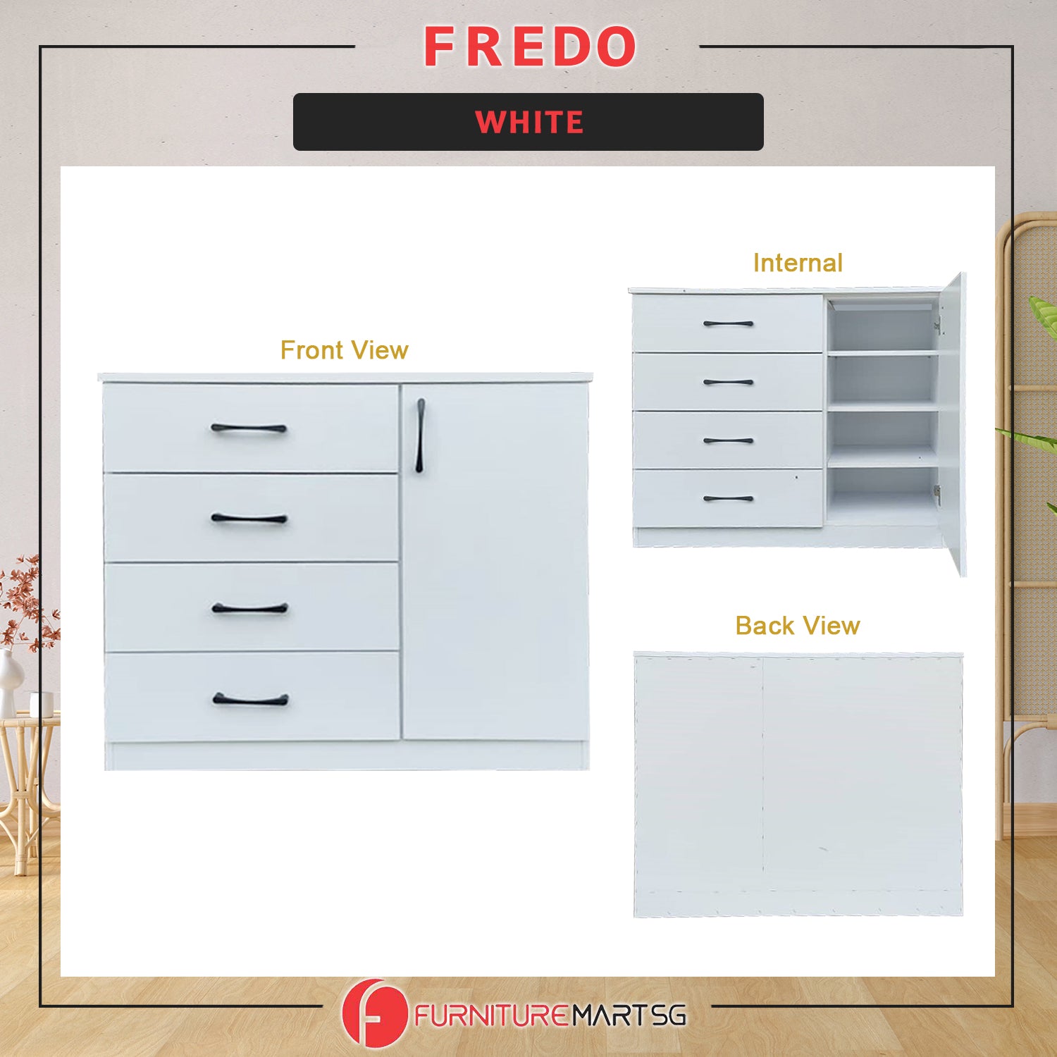 Fredo Premium Chest of Drawers with Cabinet Full Laminated Back Panel in 6 Colours