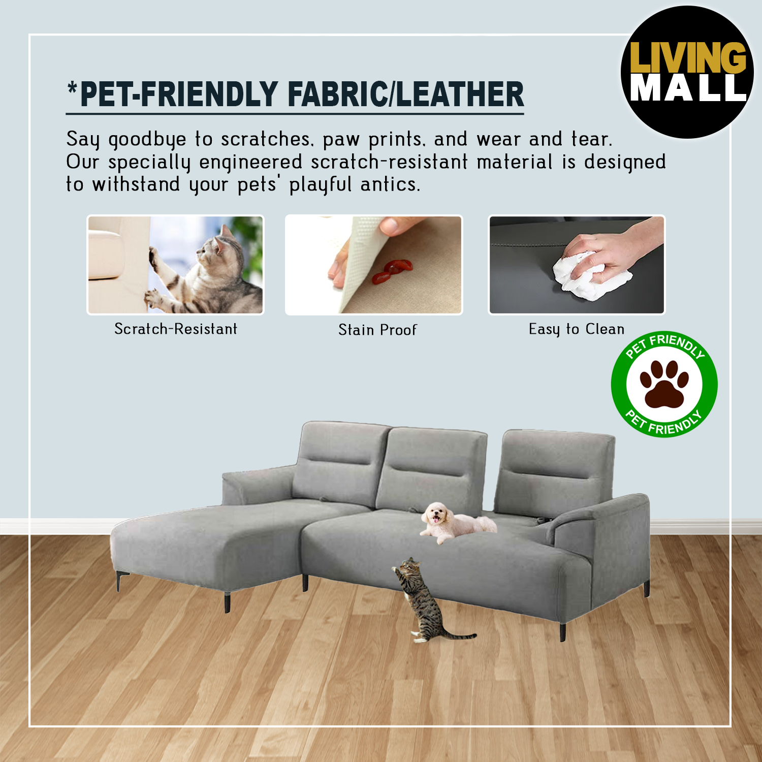 Billy Push Back L-Shaped Sofa in 47 Colour - w/ PetFriendly Fabric/Leather